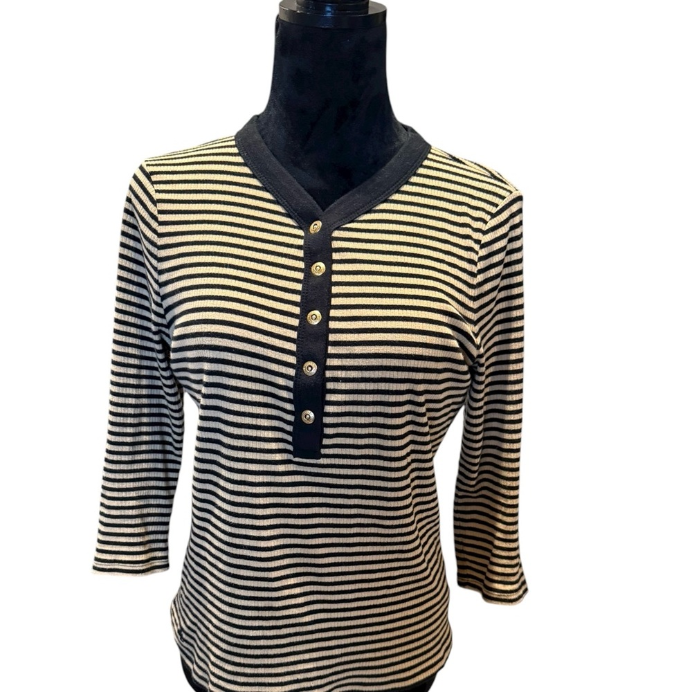Lauren Ralph Lauren Women's Top Black Cream Striped Button Shirt Vintage Medium